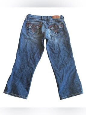 LUCKY BRAND EMBROIDERED CLASSIC FIT CROP JEANS SIZE 4 Y2K BOHEMIAN DENIM CAPRI